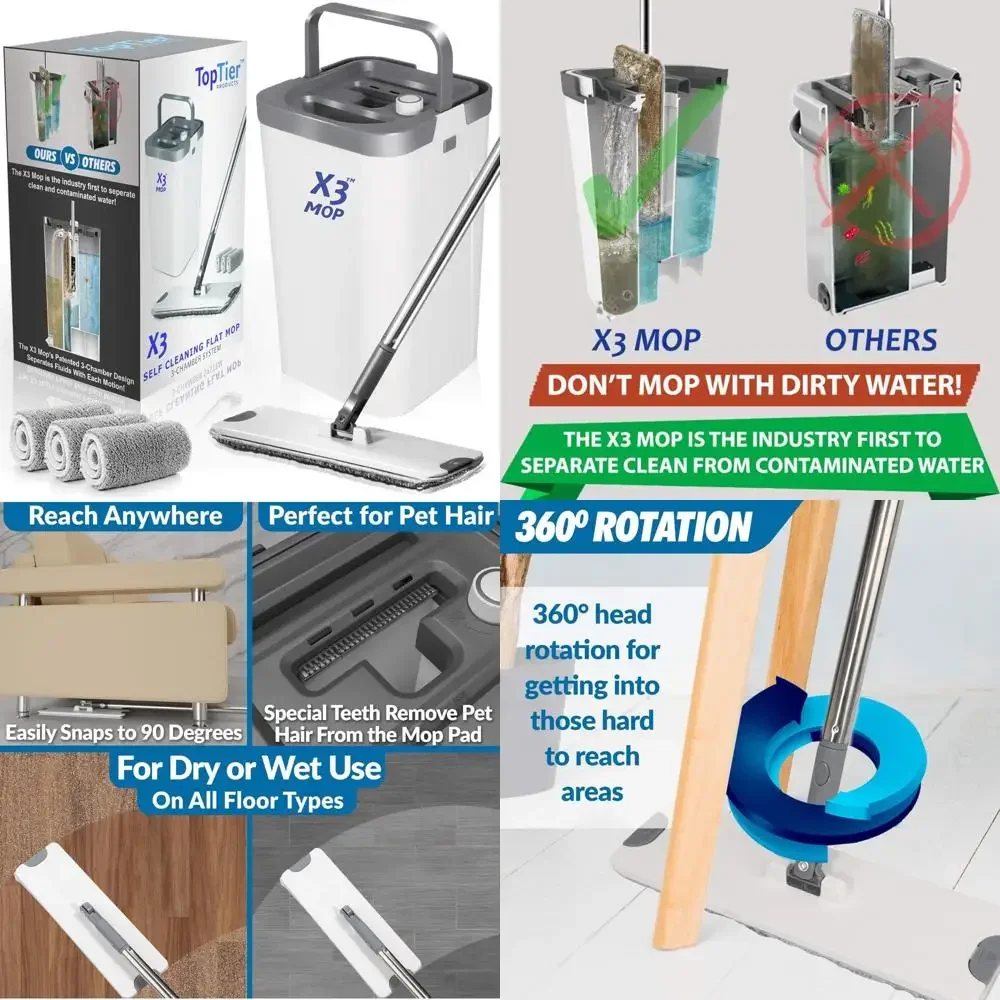 

Three-Chamber Mop System with Flat Mop and Bucket for Hands-Free Home Floor Cleaning, Separating Dirty and Clean Water, Reusable