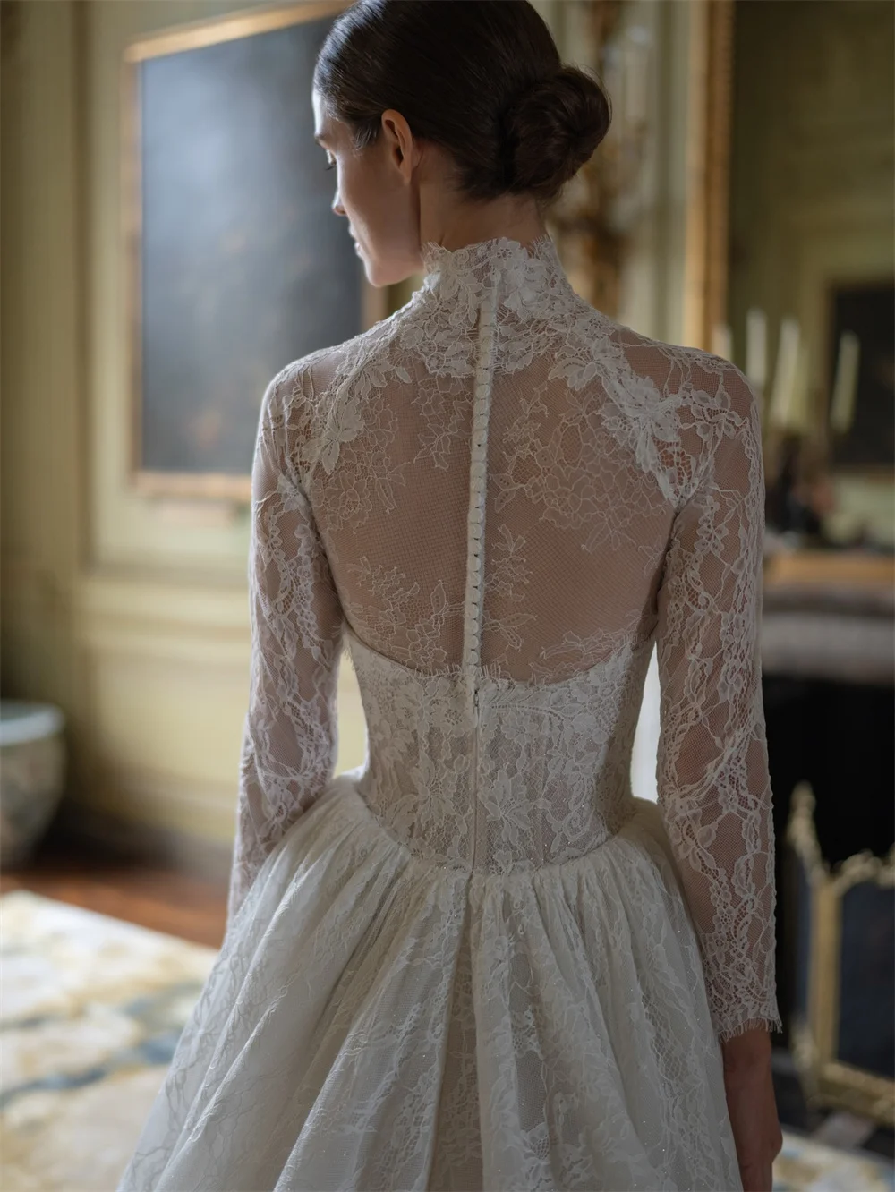 Tóquio personalizado branco alto decote vestidos de casamento manga longa zip tule tribunal trem vestido de noiva elegante a linha vestido de casamento