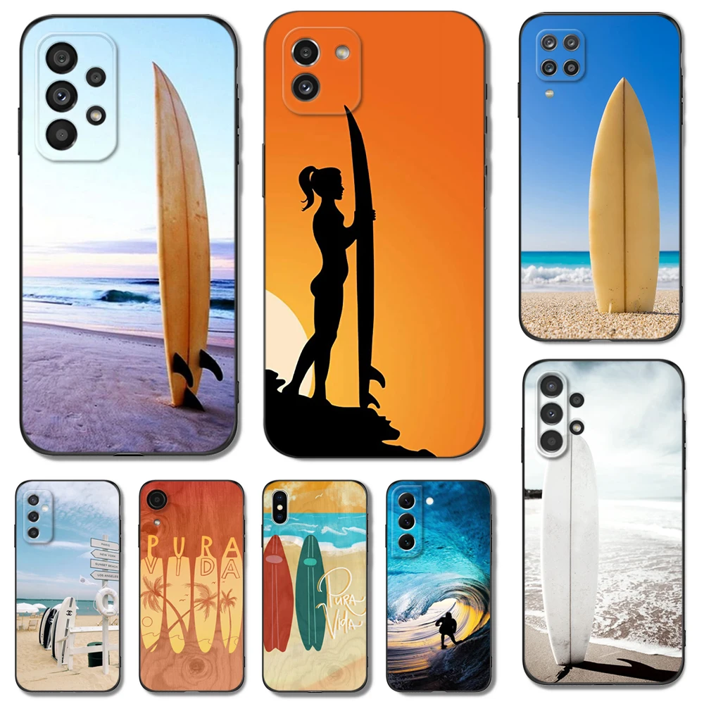 Black tpu Case For Samsung galaxy S23 S22 S20 S21 FE PLUS ultra+S10 E lite cover surfboard surfing art surf