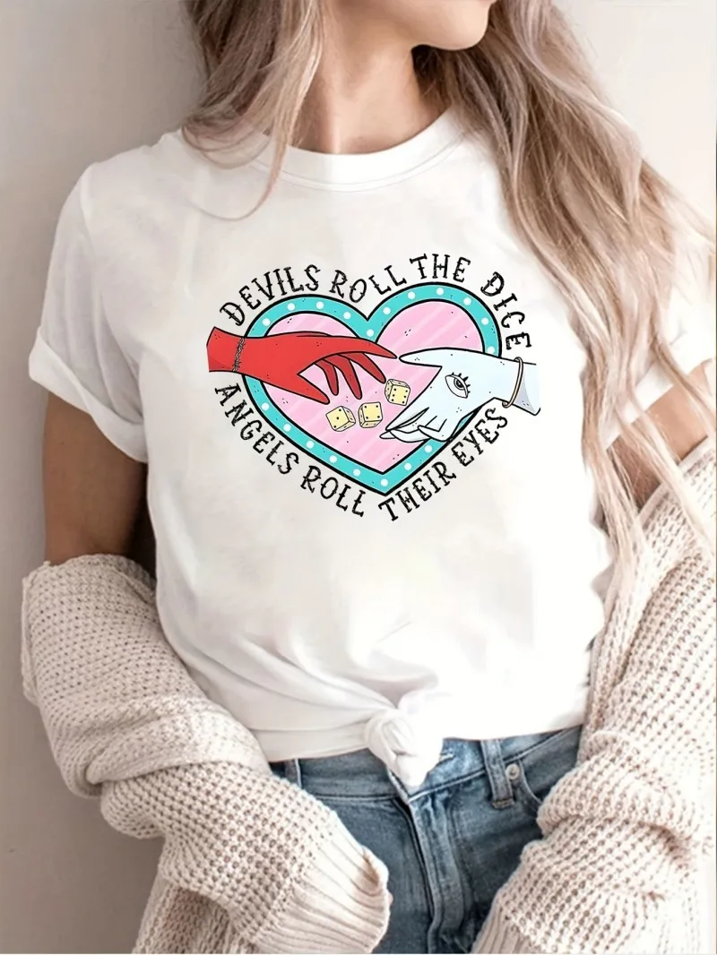 Devils Roll The Dice T Shirt Women Retro Heart Hands Print Music Lyric Casual Tops Streetwear Daily Wear Fashion Edgy Ladies Top