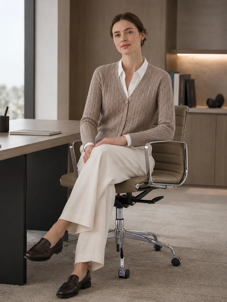 MZ62011 Damen Elegante V-Ausschnitt Zopfmuster Langarm-Strickjacke mit Knöpfen, Locker Geschnitten, Einfarbig, Modal-Mischung, Frühherbst-Pullover – Detail 13