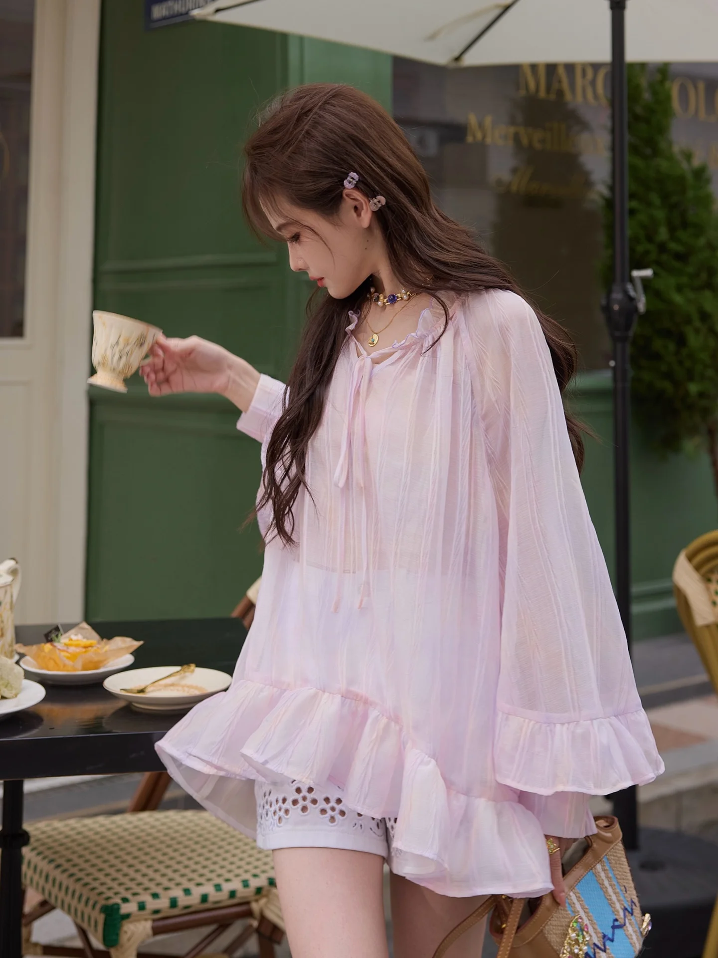 

TUNT Spring Summer Bloom irt adient P Color Blu Flower Bud Loose Fit V Ne Long Sve Women's Casual irt