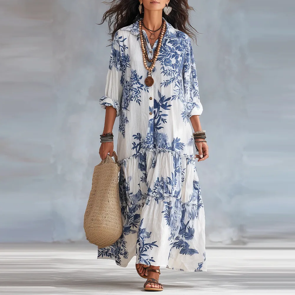 Women Botanical Print Shirt Maxi Dress Button Front Tiered Ruffle Hem Loose Summer Beach Vacation Long Dresses