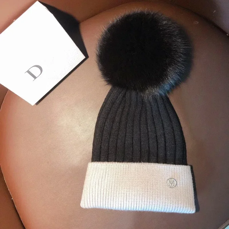 Natural  Mink Pom Pom Beanies Winter Hat Children Women fox Fur Pompoms Kids Girls Knitted Hat Fashion Ear Protection Wool Hat