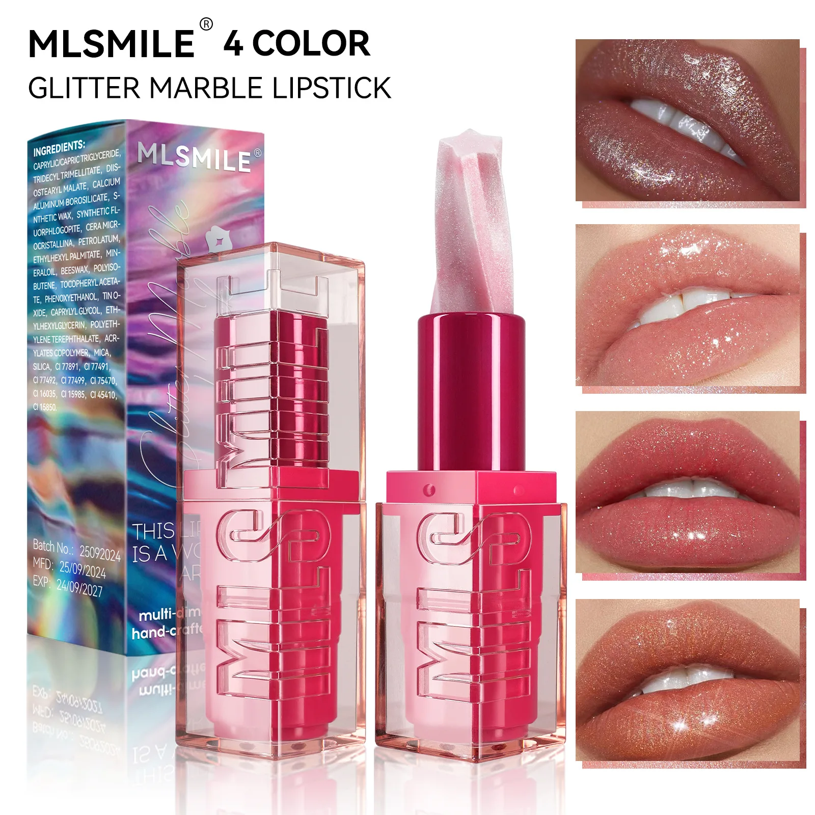 MLSMILE 4-Kleur Lipgloss Lippenstift Flash Pentagram Spiraal Lippenstift Hydraterende Gemakkelijk Kleur Hoog Pigment Parel Lippenstift Cosmetica