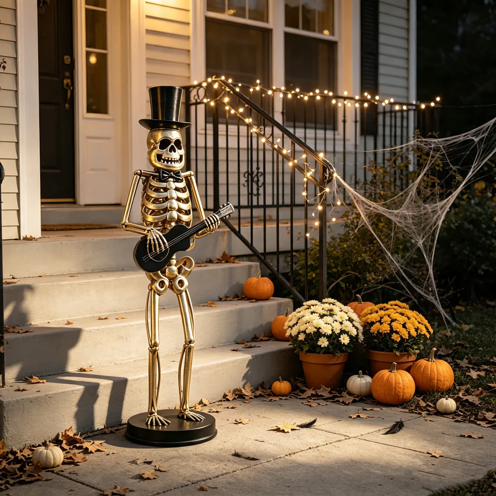 Metal Skeleton Guitar Player Statue, 5.4 FT Tall Halloween Musician with Top Hat and Bow Tie, Large Standing Skeleton Decor for Indoor Outdoor Yard Porch and Party