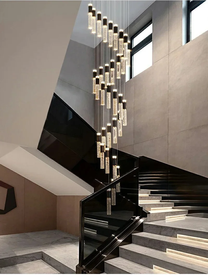 

Luxury Crystal Staircase Chandelier Round Led Hanging Lamp Modern Home Decor Indoor Lighting Black Stair Long Light Fixture