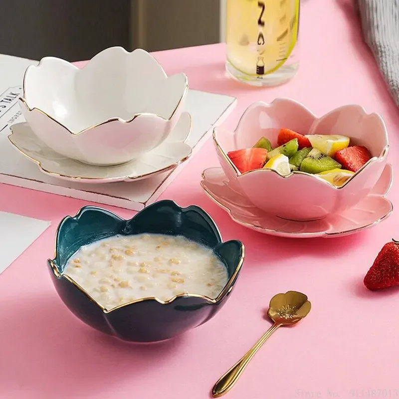 Japanese Porcelain, Gilt Edged Cherry Blossom Dessert Bowl Plate Set Spoon Fork, Creative, Fruit Ice Cream Sugar Water Container