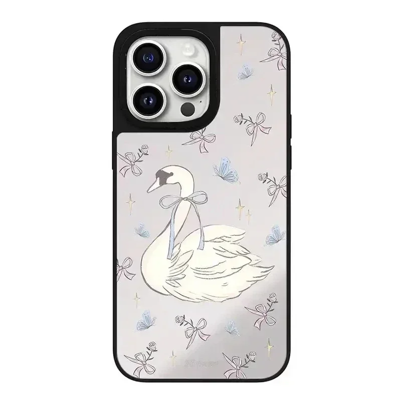 Funda para teléfono MagSafe con superficie de espejo y lazo de cisne para iPhone 11 12 13 14 15 16 Pro Max