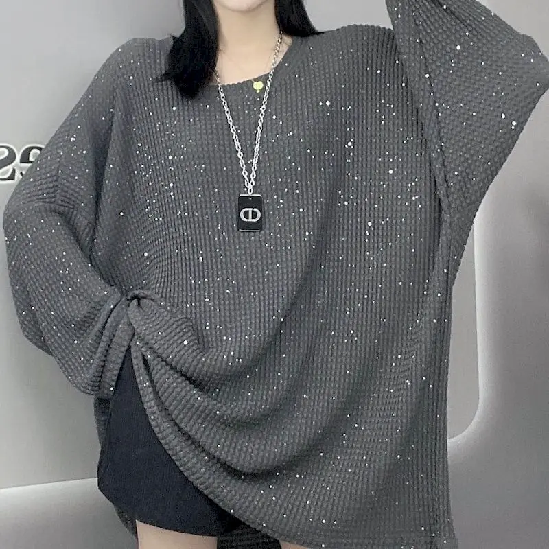 Fashion Pullovers Women Shiny Diamond Profile Decorate Sequin Tops Spring Autumn Trendy Loose Oversized Pullover Y2k Clothes