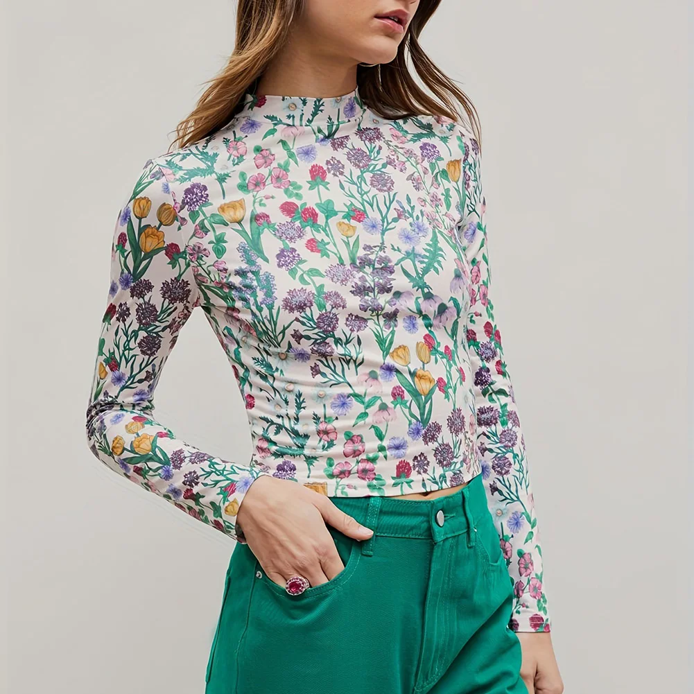 

Women Mock Neck Long Sleeve Full Print Slim Fit Cropped Shirt Waist-Cinched Y2K Crop Tops Elastic Tops Tees Shirts