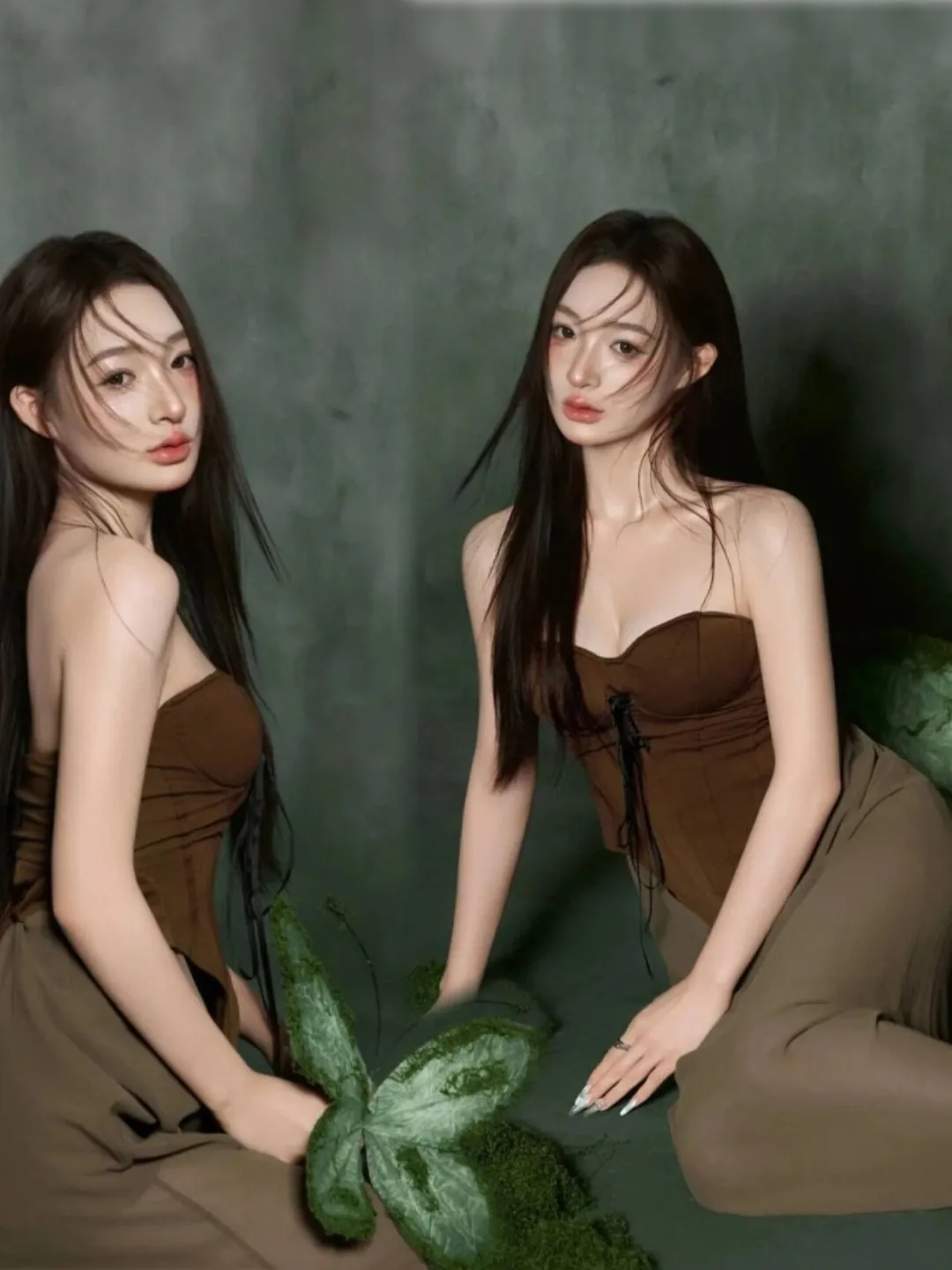 

Vintage Studio Photography Retro Swimwear Style Waist-Cinched Strapless Gown Floor-Length Belted Dress Youthful Belly-Baring