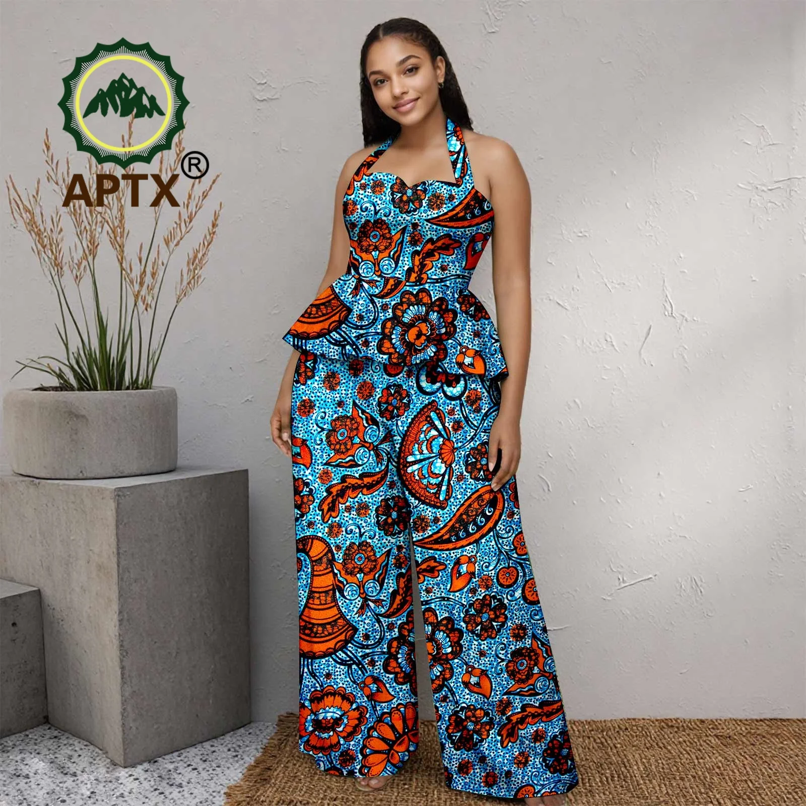 

African Print Women's Dresses Ankara Halter Collar Sleeveless Top and Floor-Length pants two-piece set Casual Dashiki Attire