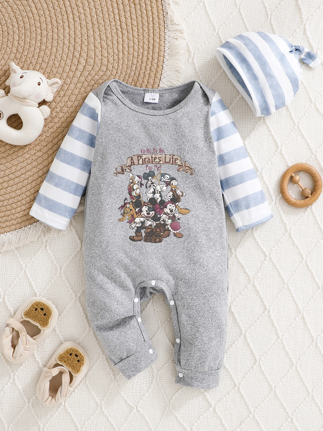 

【Officially Authorized】 Disney "Mickey & Friends" Baby Hooded Jumpsuit: "A Pirate's Life for Me" Striped Raglan Sleeve Print