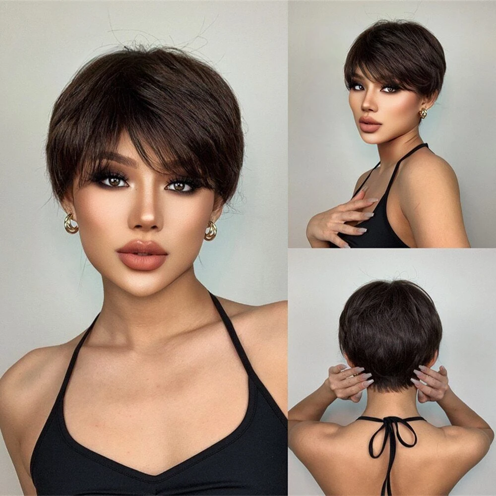 

Dark Brown Short Pixie Cut Wig Layered Straight Style Wigs for Women Synthetic