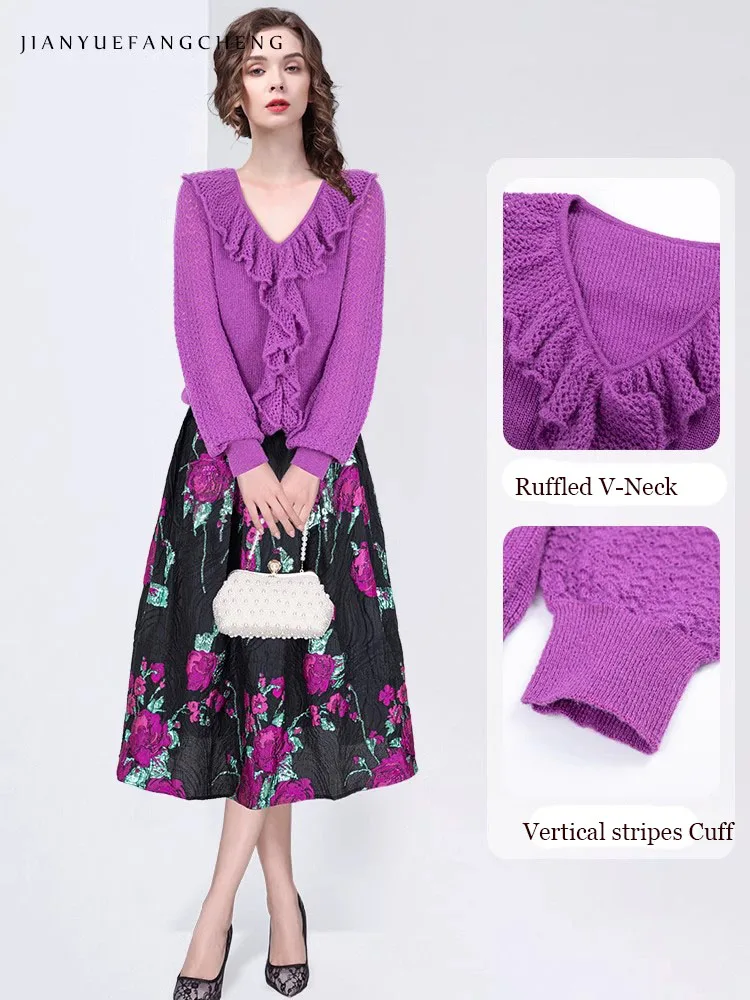 2024 Autumn Women' Ruffle Knitted Sweater Top Loose Long Sleeve V-Neck Stretching Purple Pullovers Casual Wool Sweaters