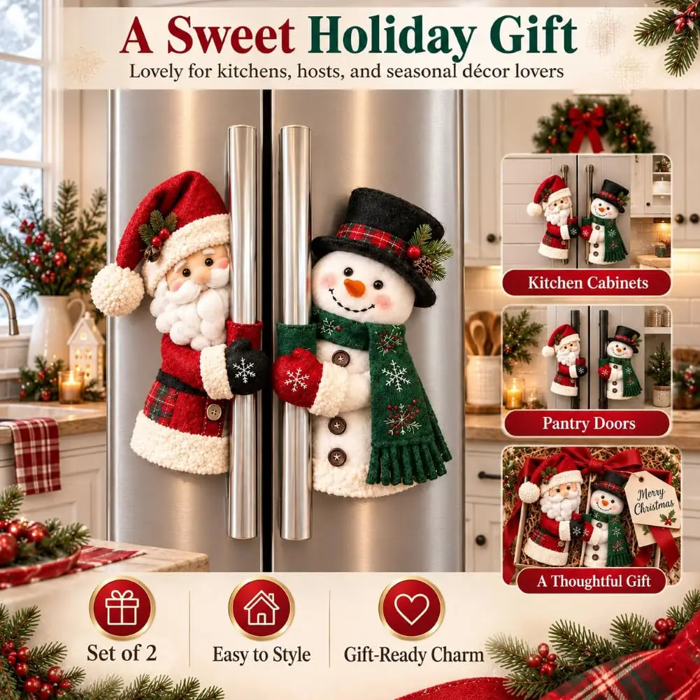 Christmas Santa Snowman Handle Huggers, Cute Plush Refrigerator Handle Covers, Fits Standard Size, Appliance Handle Covers