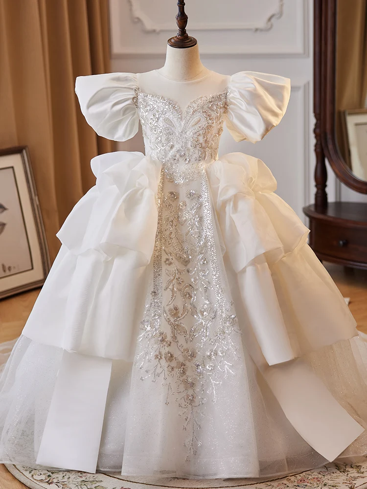 Weiße Blume Mädchen Kleider Hochzeit großen Bogen Puff Ärmel Kinder Geburtstag Ball Kleid Luxus exquisite Kind Klavier Performance Kleid