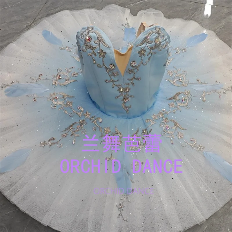 

Hot Sale Cheap Custom Size 7 Layers Kids Girls Women Adult Performance Wear Lt. Blue Ballet Tutu with flowers