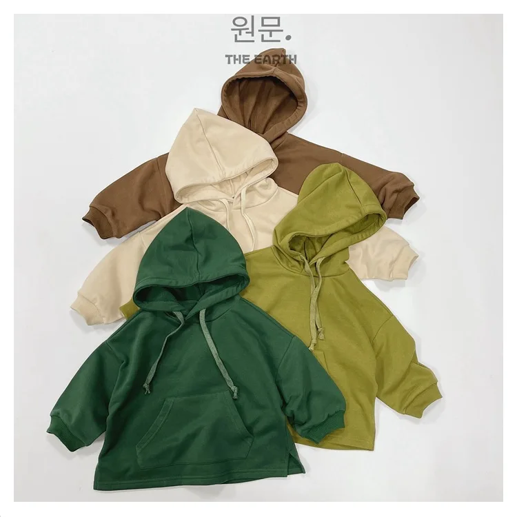 Korean Childrens Boys Versatile Hoodie Autumn New Solid Color Insert Pocket Casual Hooded Long Sleeved Baby Boy Hoodie Outfits