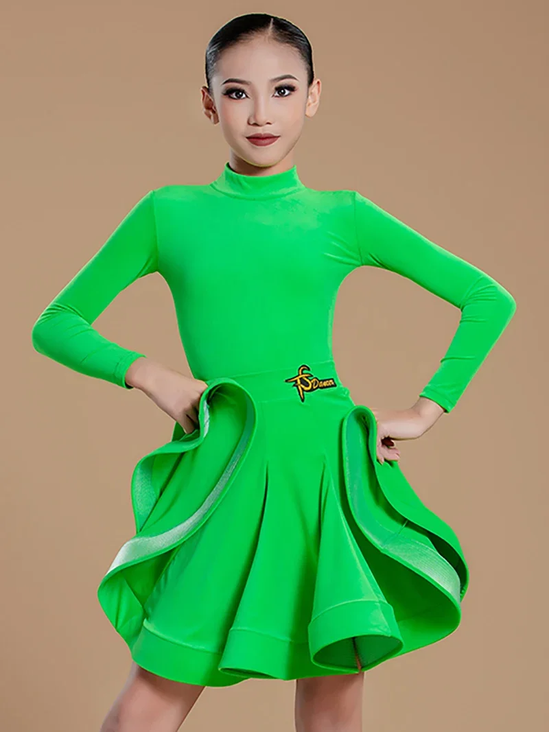 Kids Girls Latin Dance Uniform New Long Sleeve Velvet Competition Dress Grading Split Suit Women Ballroom Dancewear Costume