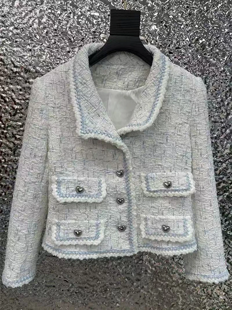 

Fashion Tweed Crop Jacket for Women Spring New Patchwork Kawaii Heart Button Casual Coat Y2K Korean Elegant Office Lady Outwear