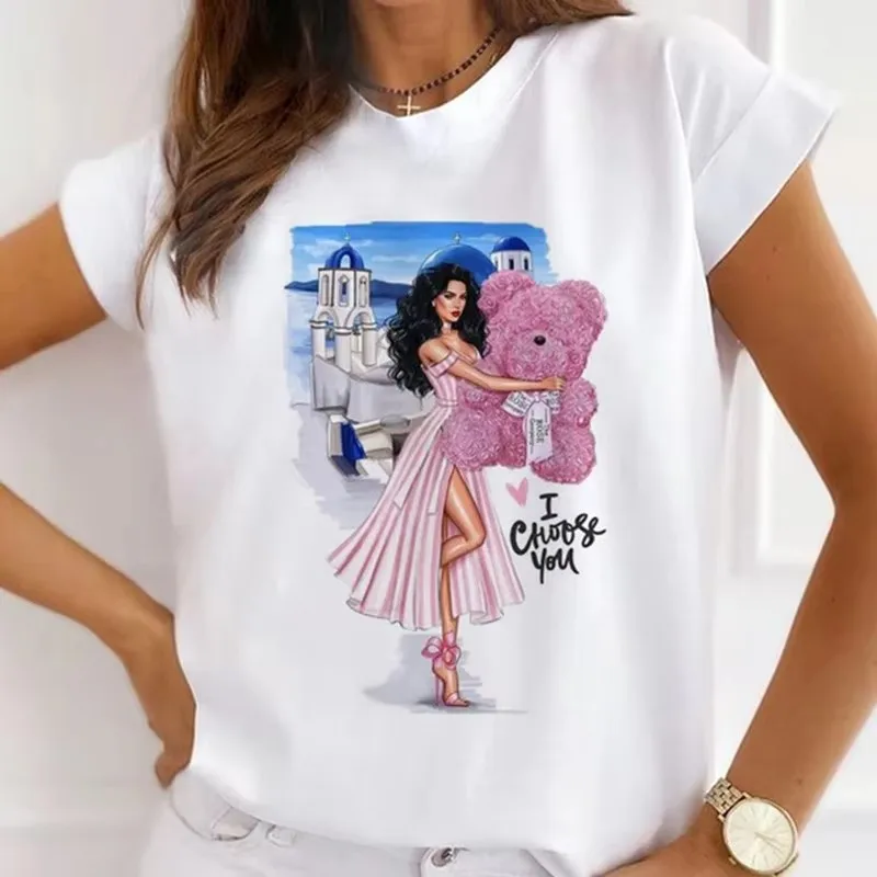 Pink Teddy Bear Girl Print Women's T-Shirt Romantic Rose Dress Pattern Tshirts Perfume Bottle Casual Short Sleeve Crew Neck Tees