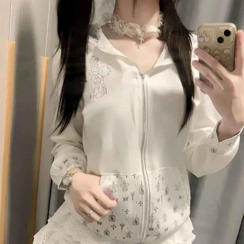 

Куртка в японском стиле Sweet Maybe Girl с капюшоном и кружевными ушками, женская осенняя новая толстовка на молнии, кружевная одежда с длинными рукавами Y2k