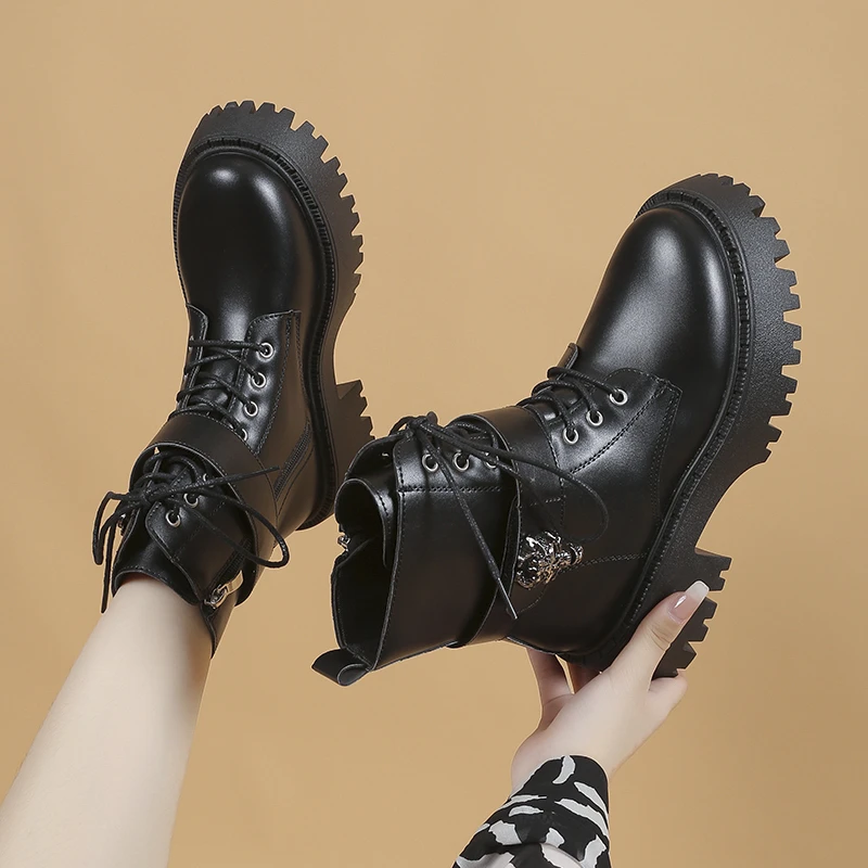 Women Shoes 2023 High Quality Lace Up Women Boots Winter British Style Round Toe Short Barrel Chunky Heels Zipper Fashion Boots