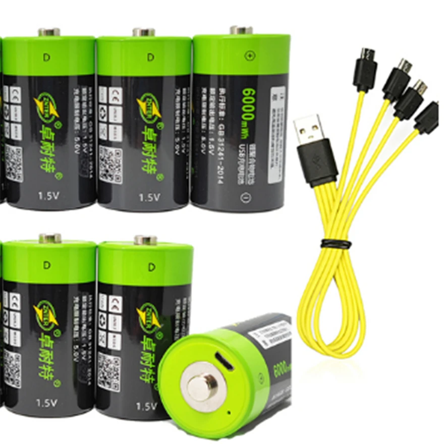 

6PCS ZNTER 1.5V 6000mWh rechargeable battery Micro USB battery D Lipo LR20 lithium polymer battery + Micro USB Charging Cable