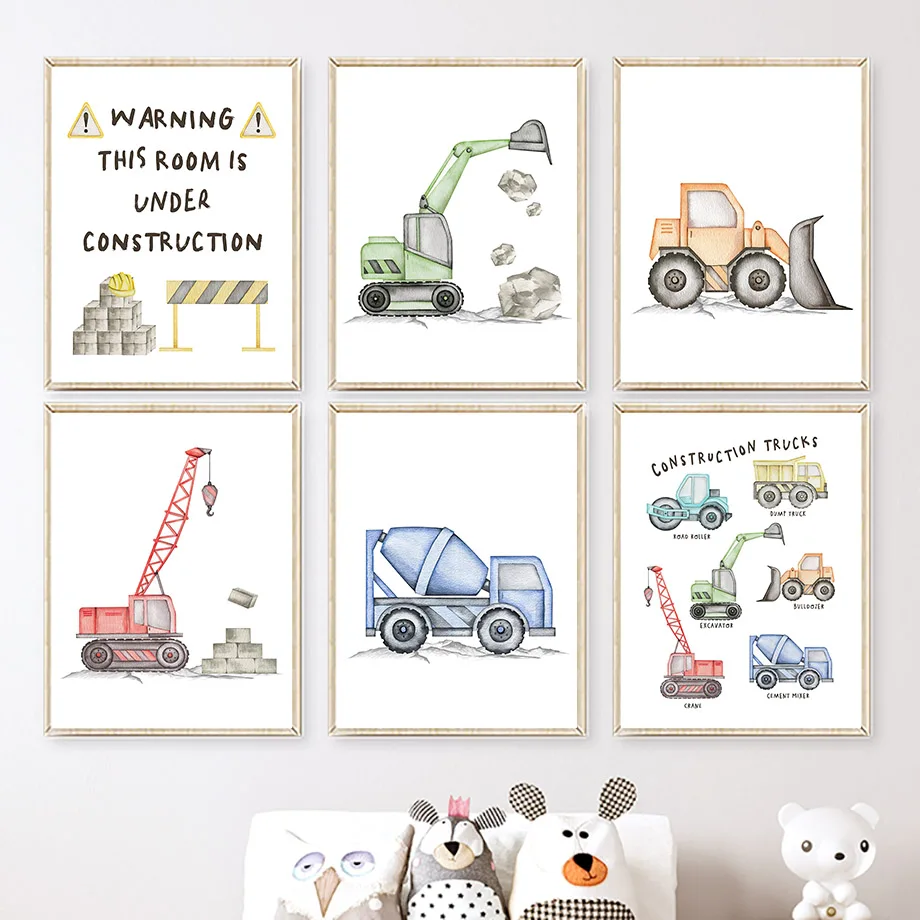 Watercolor Construction Trucks Excavator Crane Nursery Wall Art Canvas Painting Poster Prints Pictures For Boy Room Decor Gift