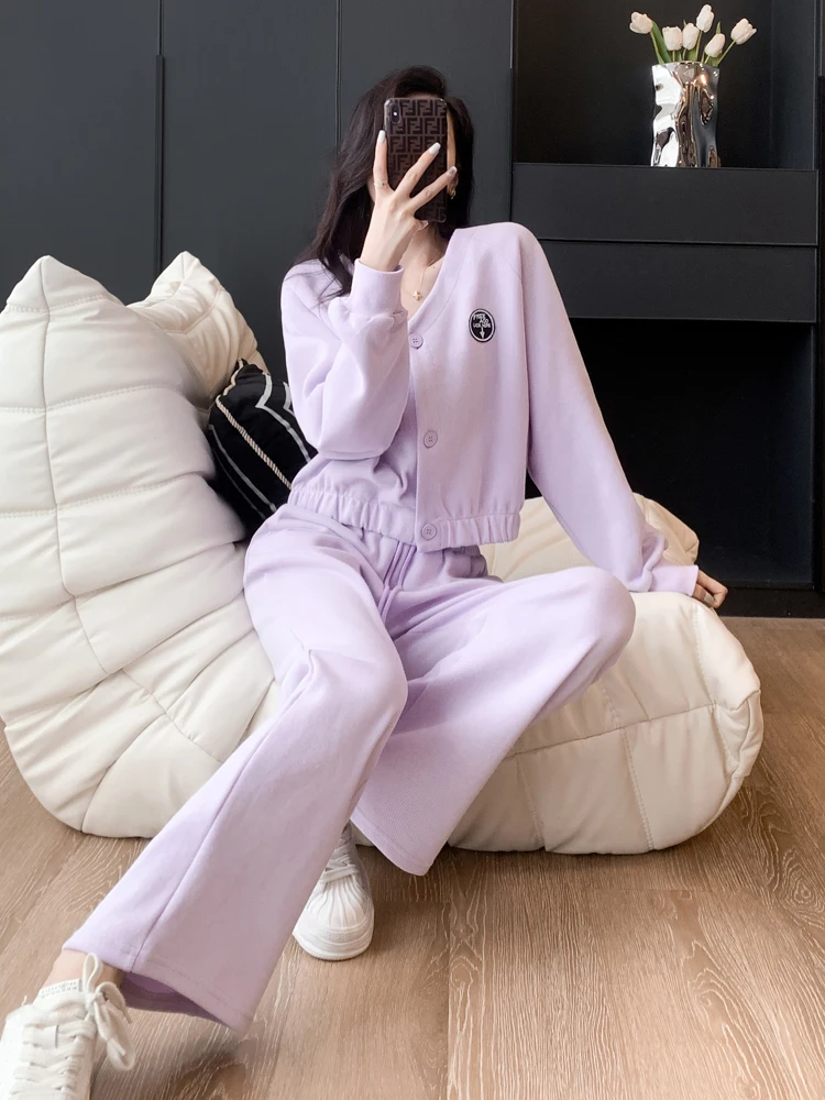 Imagem -06 - Conjunto de Duas Peças Ins-roxo para as Mulheres Hoodie Solto e Calças de Perna Larga Jaqueta Gola v Estilo Coreano para Corredores Outono