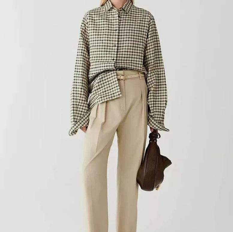 

Withered Versatile Lazy Style Loose Cotton Linen Blend Plaid Shirt Top Woman Clothes Shirts & Blouses Women's Clothes Shirts Top