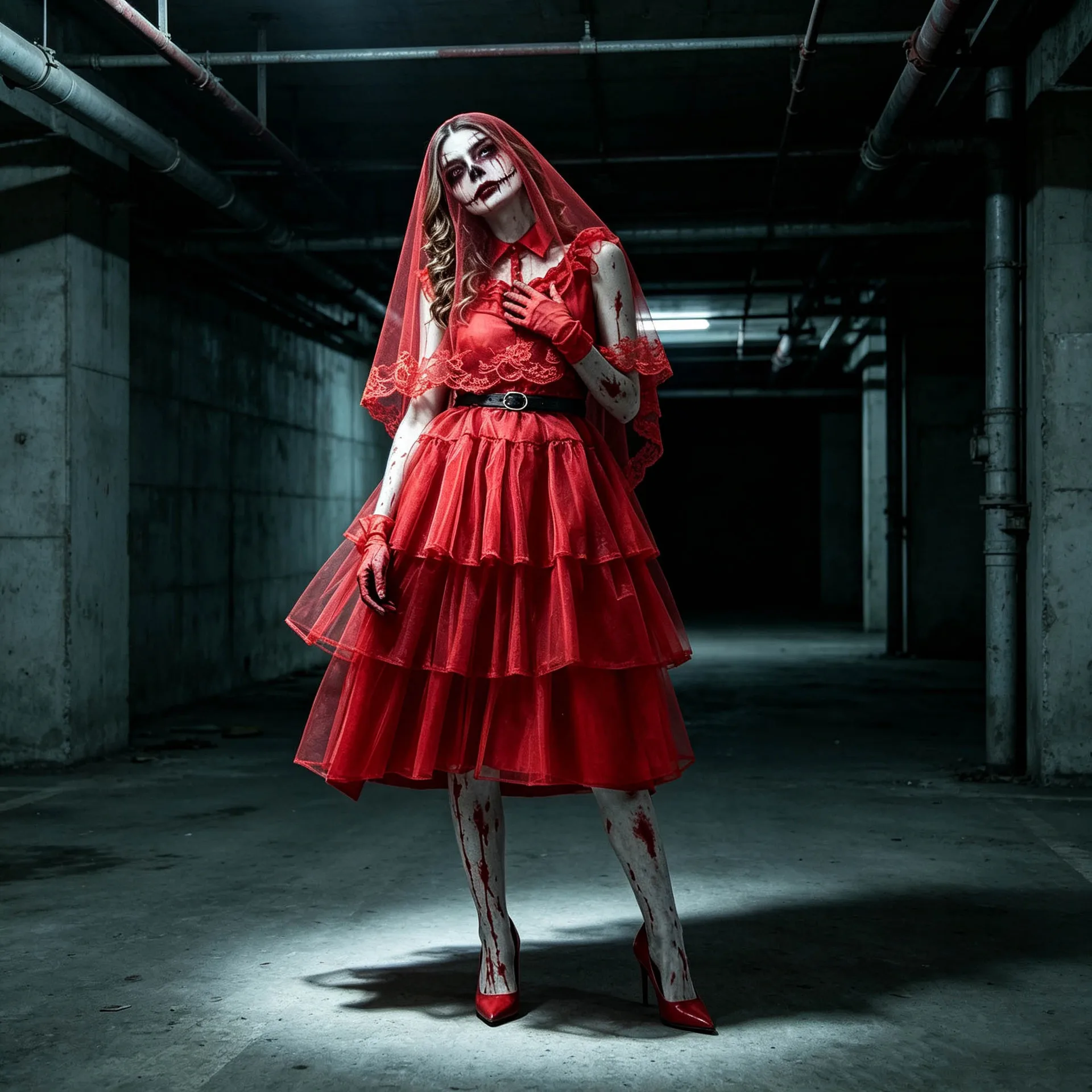 Halloween Ghost Bride Costume Blood-stained Zombie Bride Dress Red Sleeveless Netting Cake Dress Horror Party Cosplay S-3XL