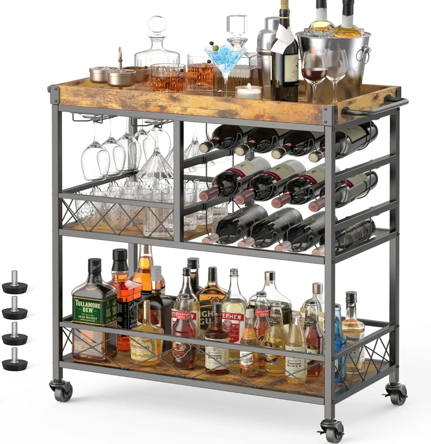 

3 Tier 38" Home Bar Serving Cart with Large Storage Space, Mobile Kitchen Storage Trolley with Lockable Wheels, 12 Wine Rack