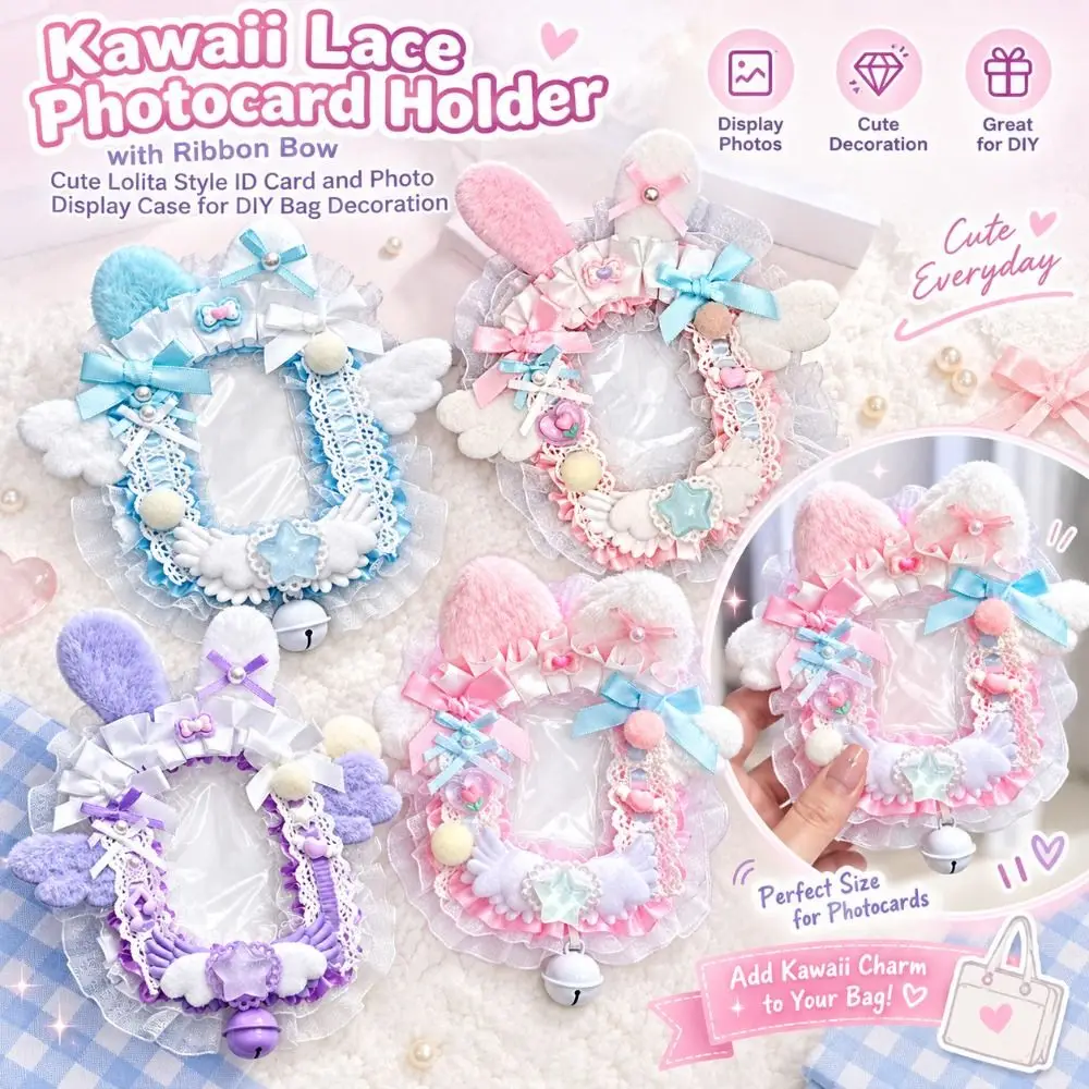 Lace Bow Lace Photocard Holder Cute Cartoon Style Transparent Photocard Case Cat Ear DIY Bag Decoration Stationery Supplies
