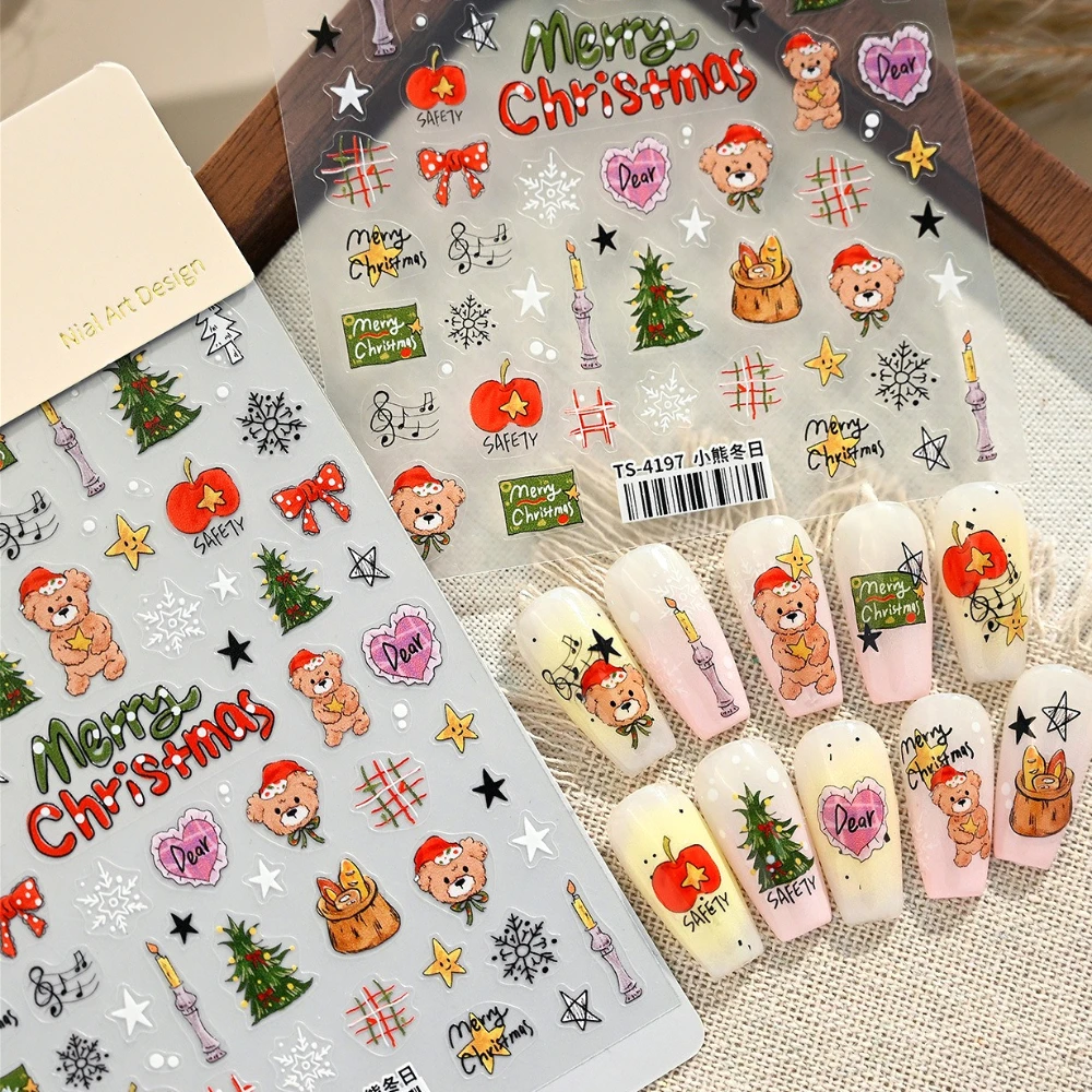 

Lovely Graffit Winter Bear Bowknot Snowflake Apple Star Christmas Tree Candle Bread Nail Art Stickers Cute Xmas Manicure Decals