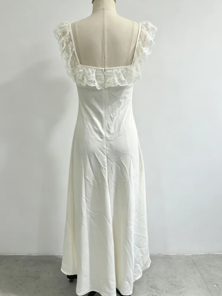 Damen Einfarbiges Langes Kleid mit Spitzenbesatz Schicker Quadratischer Ausschnitt Rückenreißverschluss Figurbetonte Maxi-Rock Elegantes Sommer-Party-Club-Urlaubs-Outfit – Detail 3
