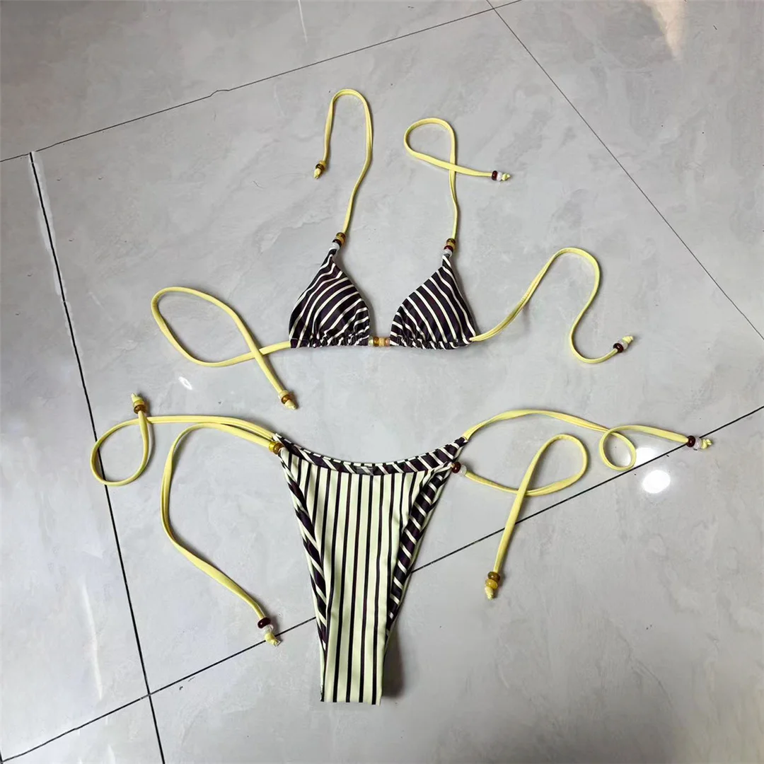 Sexy gestreifter Neckholder-Bikini, Damen-Badeanzug, zweiteiliges Bikini-Set, gepolsterter Badeanzug mit Trägern, Badebekleidung, Schwimmanzug V7773 – Detail 2