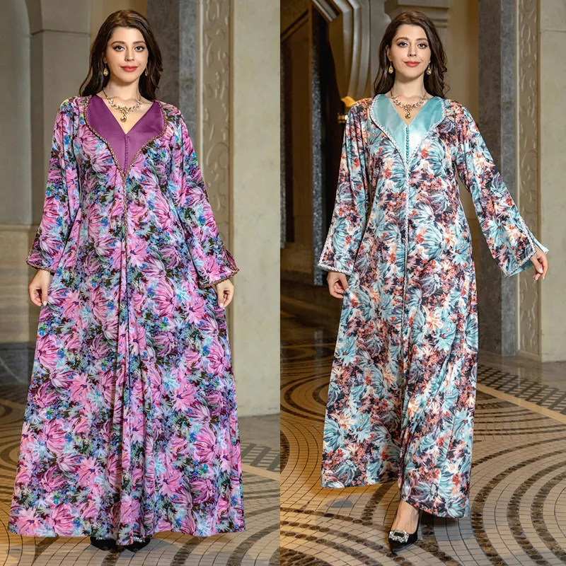 AB328 Dubai Fashion Printed Diamond Set Robe for Muslim Ladies Jalabiya Soft Satin