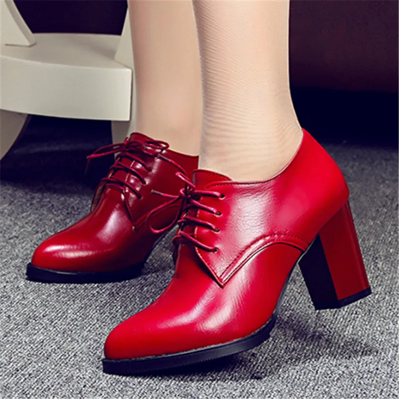 Women's Pump Shallow Brogue Shoes Vintage Chunky Heel Oxford Lace-Up Fashion Elegant Ladies High Heels Beige Black Brown Red