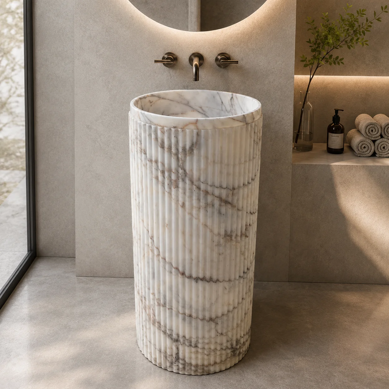 #￥Luxury Calacatta Marble Vanity Set Pedestal Hand Wash Basin Natural Stone Floor Standing Vessel Sink for Bathroom Project