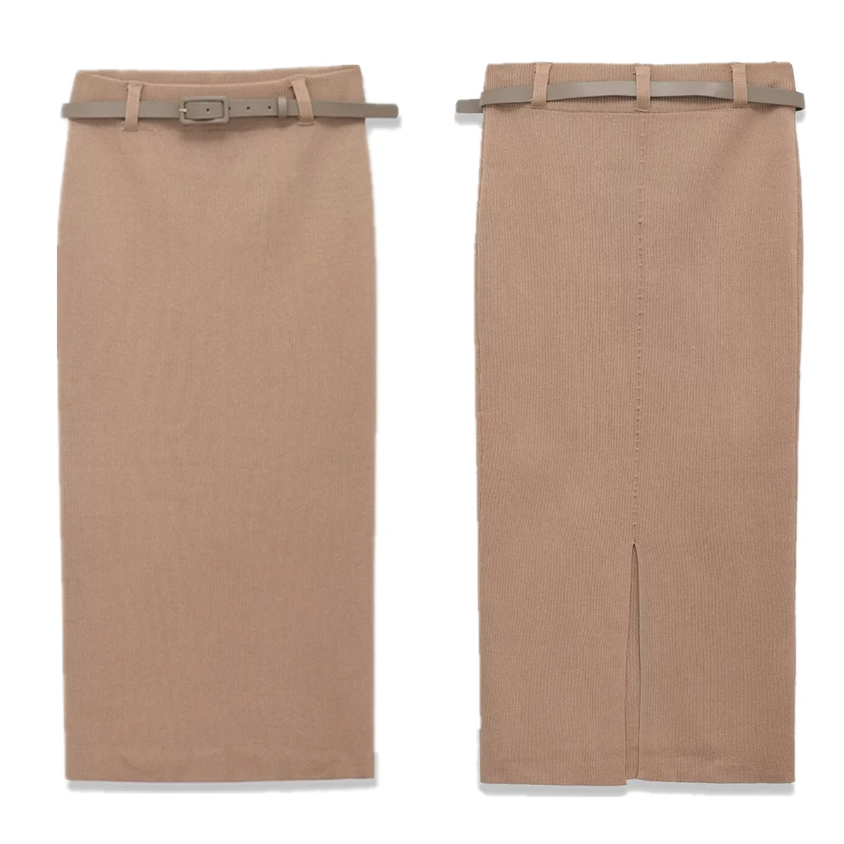 Jenny&Dave 2026 Moda Damska Minimalistyczna i Elegancka Spódnica Dzianinowa w Kolorze Szampańskim z Paskiem, Prosta, Dopasowana Spódnica typu Tubka