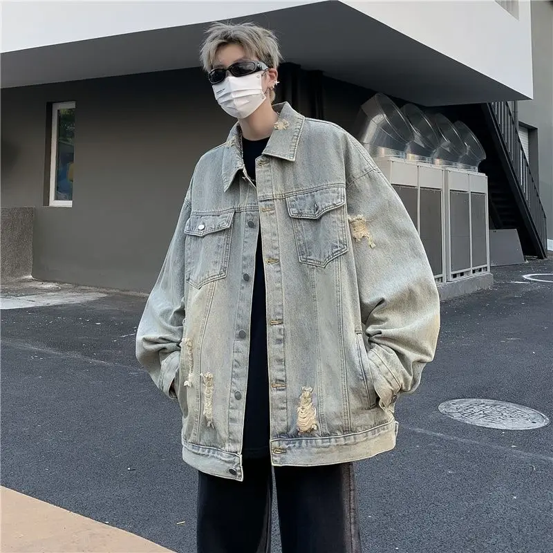 

Retro American Street Sle Faded Denim Jaet Men's Loose Casual Trendy Brand Autumn Winter Break Hole Jaet Top
