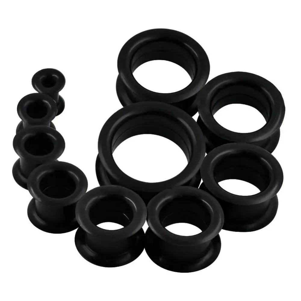 4X Black White Thick Silicone Round Ear Gauge Plug Expander 4g (5mm) - 1'' (25mm) Saddle Flesh Tunnel Stretching Kit