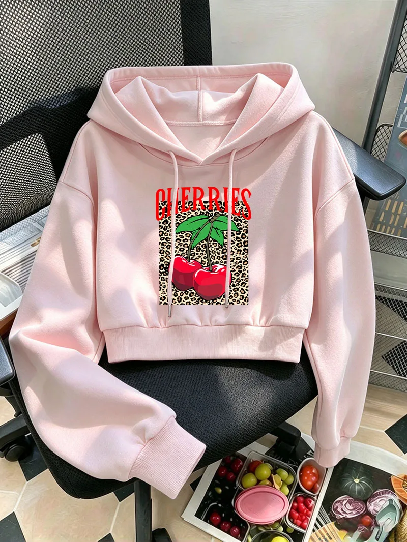 Fashion Sweet Cherry Print Cropped Sweatshirt Women Crop Top Hoodie Y2k Sweatshirts Gothic Loose Clothes Pullover Crop Tops