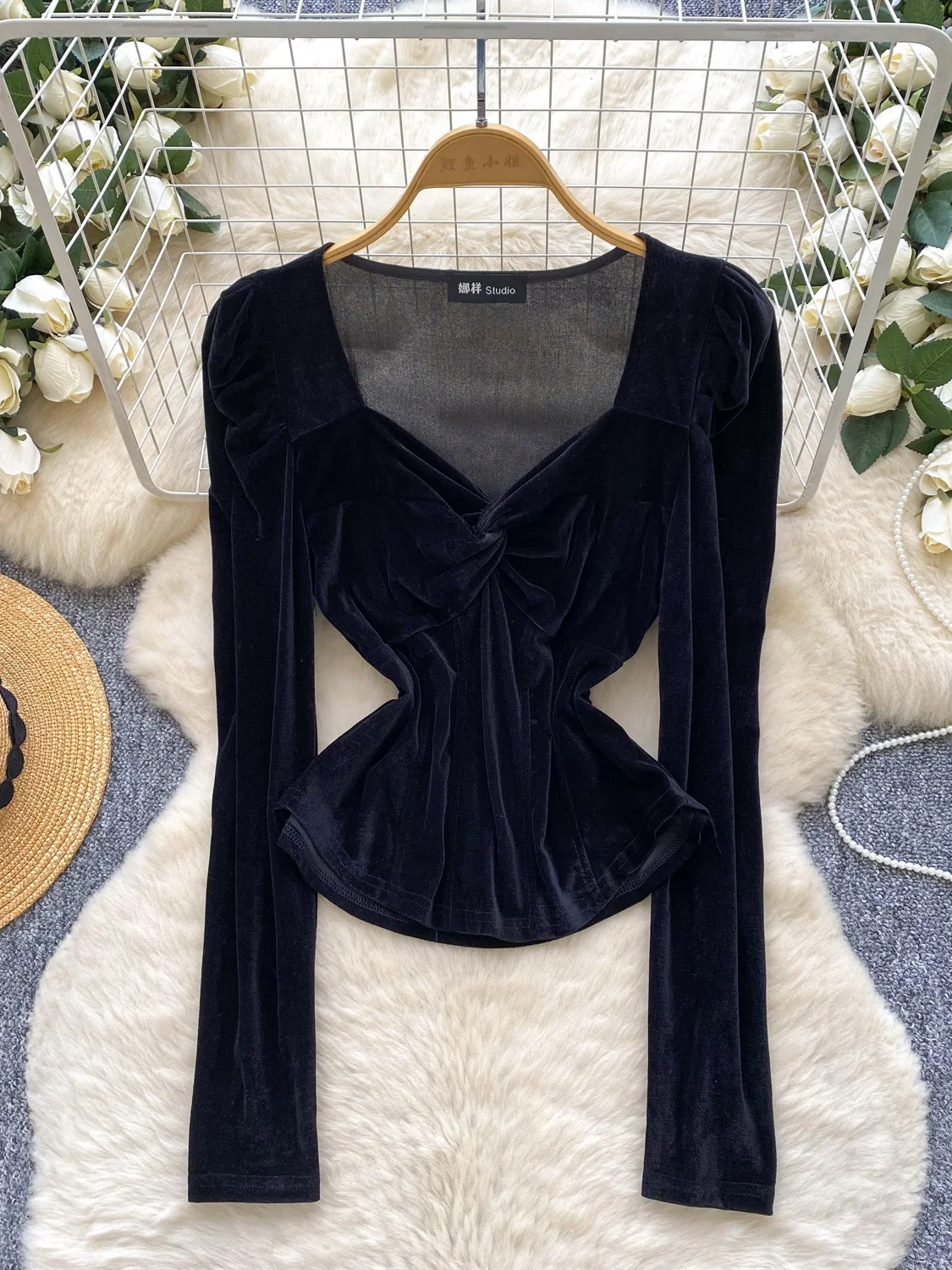Ele Velvet irt Donna Lungo Sve V-Ne Nodo Dimagrante Strato base versatile Top francese Sle Fibra di poliestere Regular S...