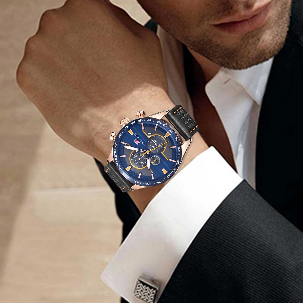 MINI FOCUS MF0002G Fashion Men Wrist Chronograph Watch Quartz Date Clock Luxury Leather Waterproof Sports Watches