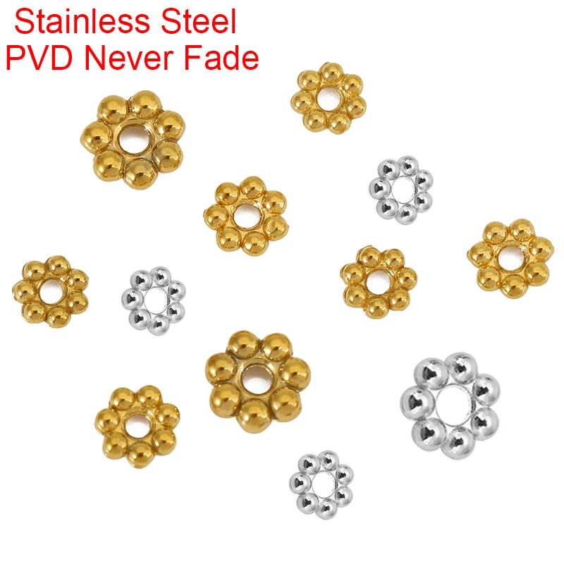 30 Uds. De cuentas espaciadoras de acero inoxidable PVD que nunca se decoloran, lote de diámetro 3, 4, 5 y 6mm, cuentas de extremo suelto para pulsera, collar, fabricación de joyas Diy