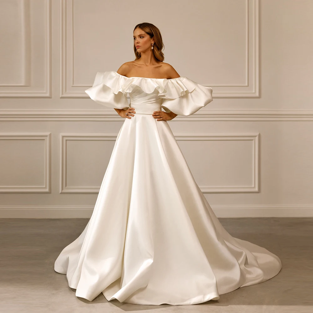 

Customized Boat Collar Satin Pleated Wedding Dress Backless Trian Wedding Gown Detachable Ruffles Sleeve